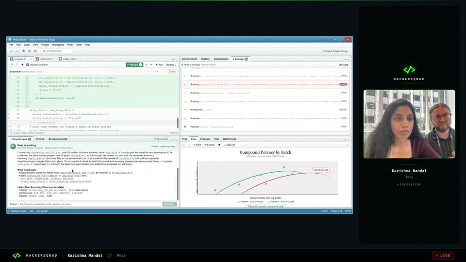 Karishma Mandal presenting a live demo of her AI analytics tool on the HackerSquad stream