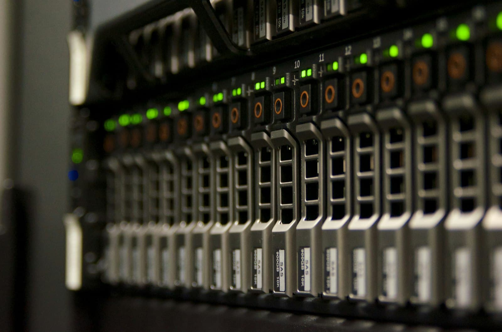 Server rack with status lights in a data hall