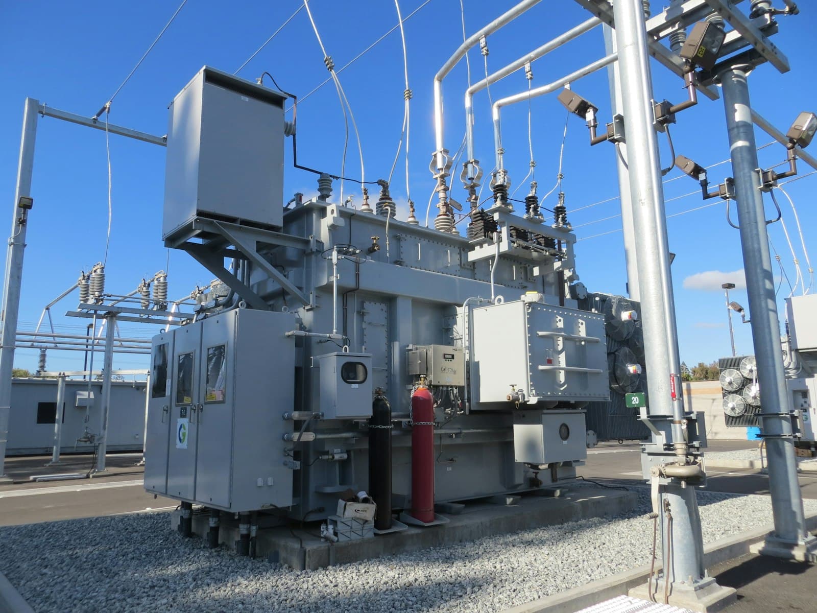 Large electrical transformer in a power substation